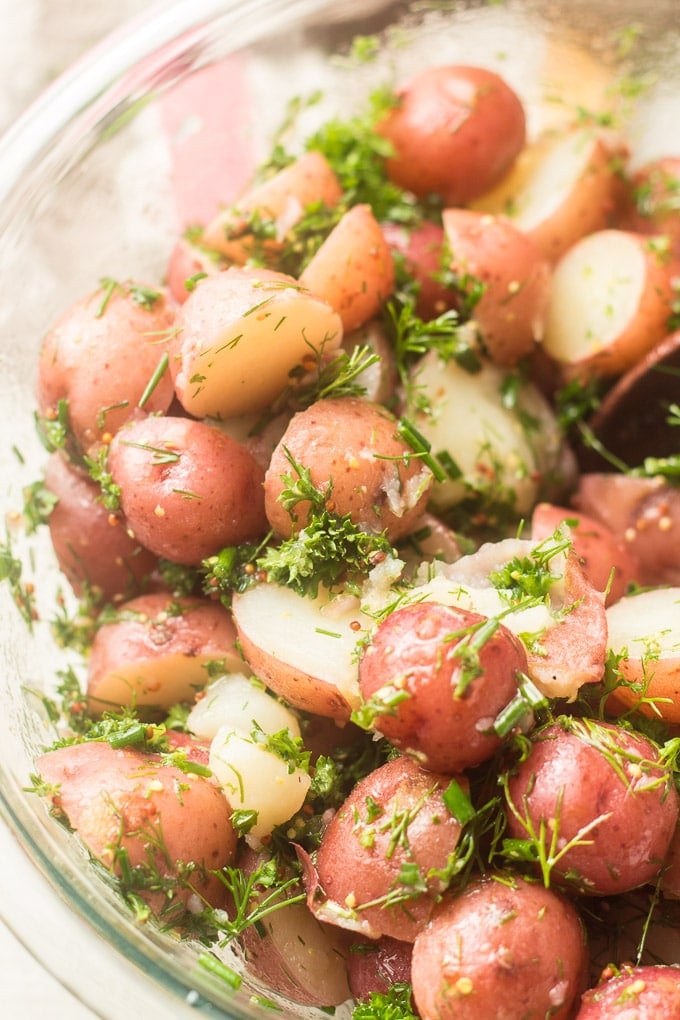 Close Up of Dijon & Herb Potato Salad in a Bowl