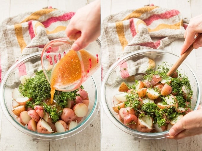 Side By Side Images Showing Steps for Making Dijon & Herb Potato Salad: Combine Potatoes, Herbs and Dressing in a Bowl, and Stir
