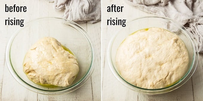 Side By Side Images Showing Focaccia Dough in a Bowl Before and After Rising