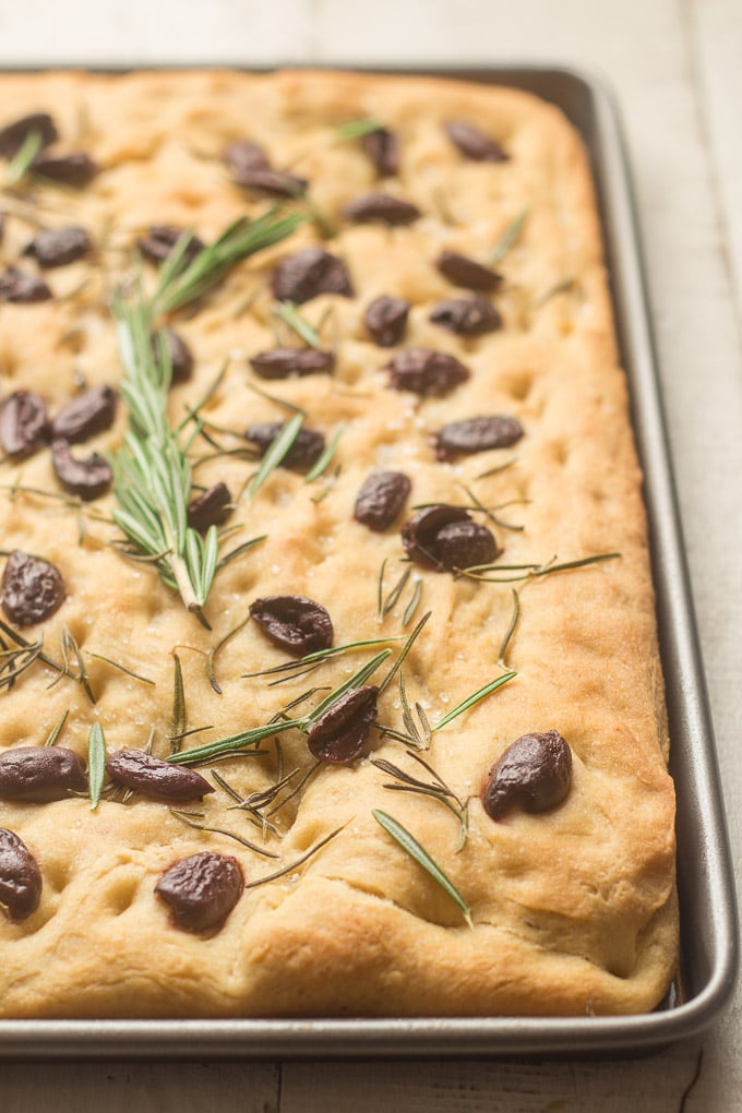 Close Up of Olive Rosemary Focaccia on a Baking Sheet