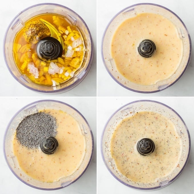 Collage Showing Four Stages of Blending Poppy Seed Dressing in a Food Processor