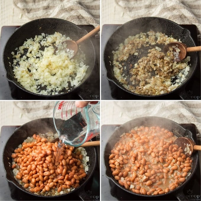 Collage Showing Steps 1-4 for Making Easy Vegan Refried Beans: Sauté Onion, Add Garlic and Spices, Add Beans and Water, and Simmer