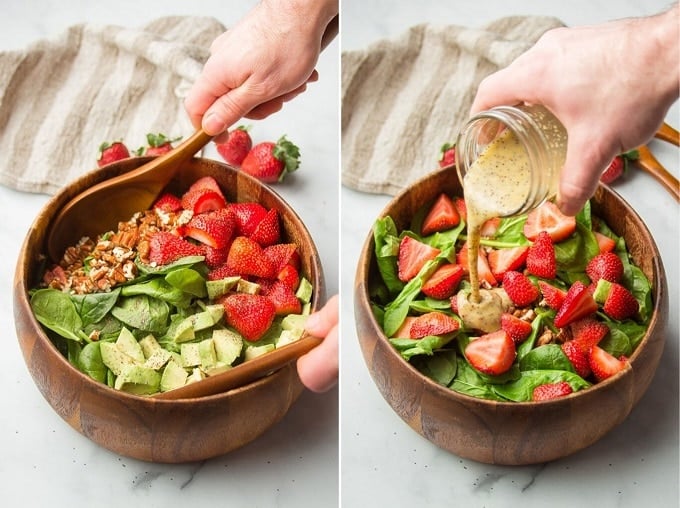 Collage Showing Steps for Making Strawberry Spinach Salad: Toss Ingredients and Drizzle with Dressing