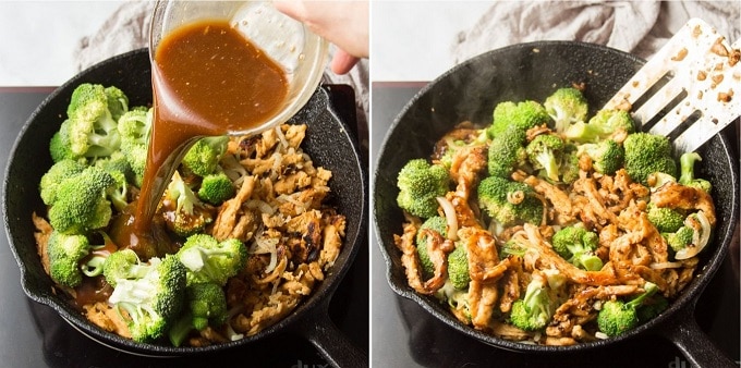 Side By Side Images Showing Final Steps for Stir-Frying Vegan Beef & Broccoli: Add Sauce, and Stir-fry Until Thickend