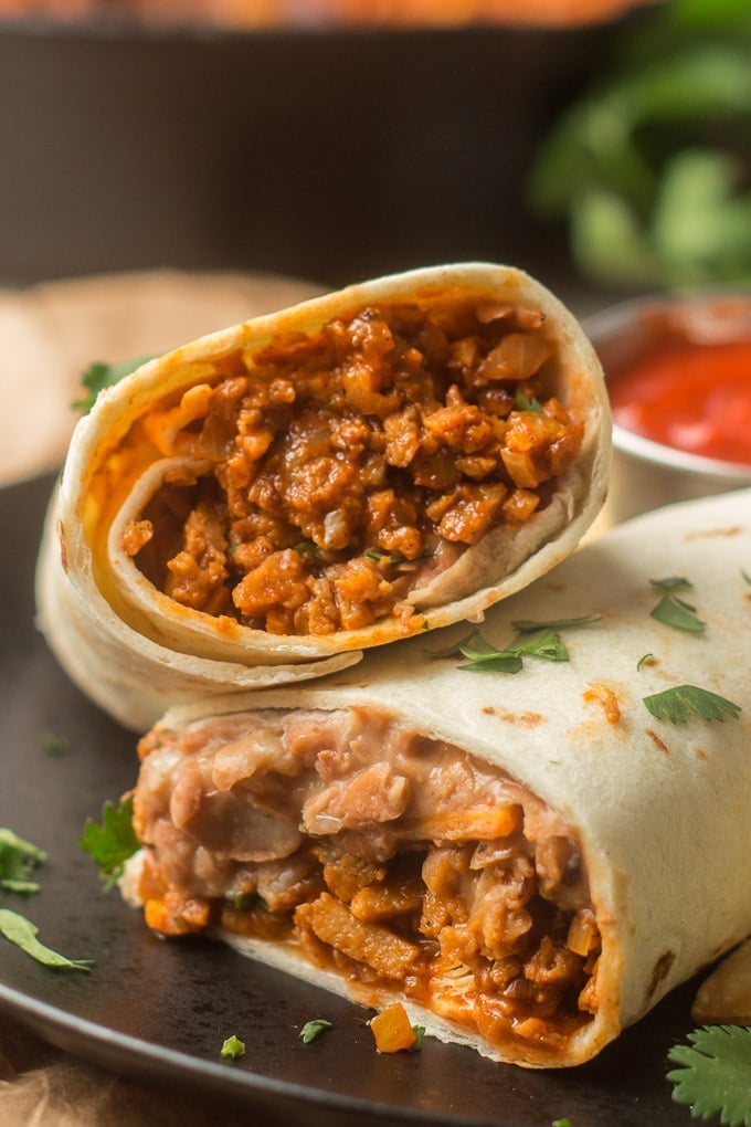Close Up of 2 Halves of a "Beefy" Vegan Burrito.