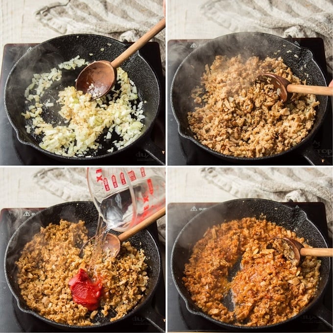 Collage Showing Steps for Making "Beefy" Vegan Burrito Filling: Sauté Onion, Add Seitan, Add Water and Tomato Paste, and Simmer