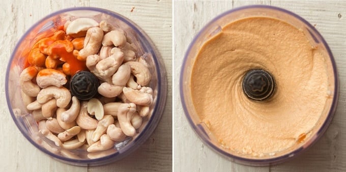 Spicy Cashew Cheese in a Food Processor Bowl Before and After Blending