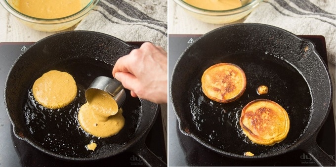 Two Images Showing Different Stages of Cooking Vegan Egg Patties