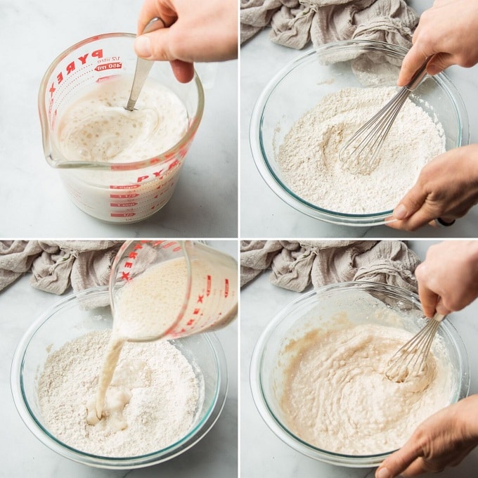 Collage Showing Steps for Making Vegan Waffle Batter: Mix Wet Ingredients, Mix Dry Ingredients, Add Wet Ingredients to Dry, and Whisk Together