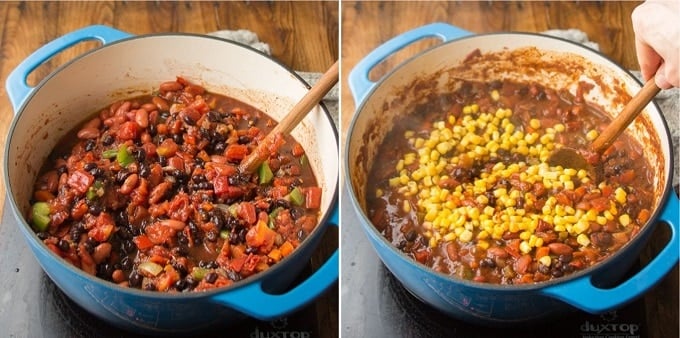 Steps 3 and 4 for Making Vegan Chili: Add Tomatoes and Beans, and Add Corn