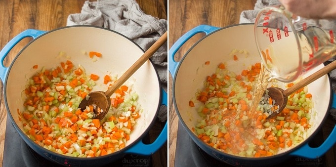 Two Photos Showing First Steps for Making Lentil Bolognese: Sweat Veggies and Add White Wine