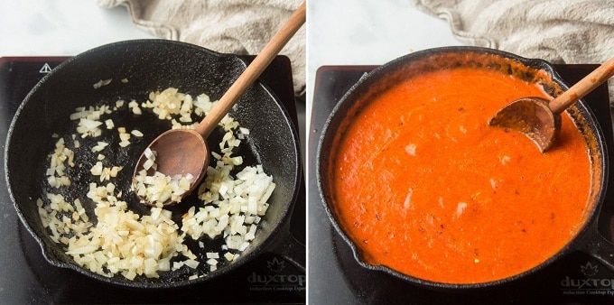 Side By Side Images Showing Two Stages of Cooking Red Pepper Sauce: Sweating Onions, and Simmering the Sauce