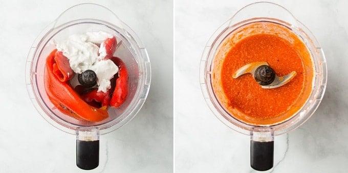 Side By Side Images Showing Roasted Red Peppers and Coconut Milk in a Blender Before and After Blending