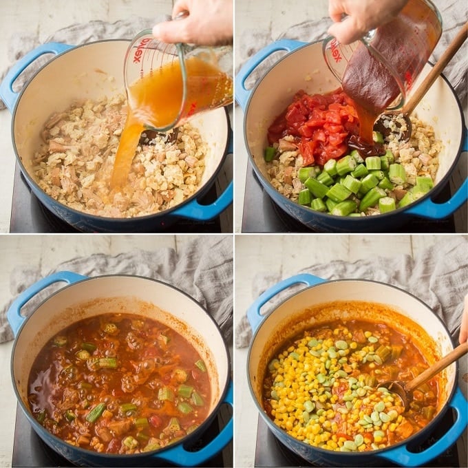 Collage Showing Steps 2-6 for Making Vegan Brunswick Stew: Add Broth, Add Veggies and Barbecue Sauce, Simmer, and Add Corn and Lima Beans