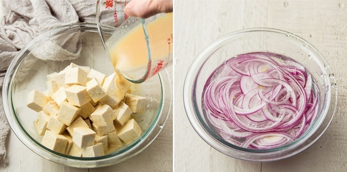 Prep Steps for Making Vegan Greek Salad: Making Tofu Feta and Soaking Onions