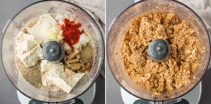 Vegan Meatball Mix Before and After Blending in a Food Processor