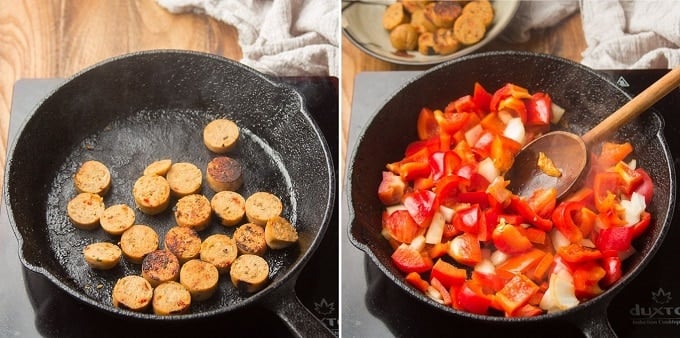 Collage Showing First Two Steps for Making Vegan Sausage & Pepper Ragù: Brown Sausage, and Cook Veggies