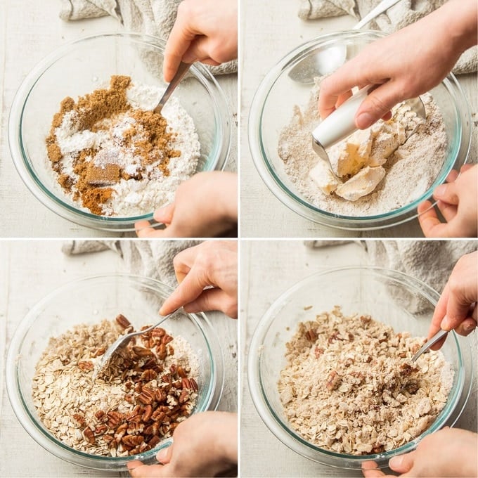 Collage Showing Steps 1-4 for Making Vegan Strawberry Crisp: Mix Dry Ingredients, Cut in Butter, Add Pecans and Oats, and Stir