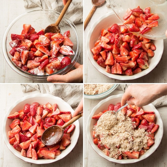 Collage Showing Steps 5-8 for Making Vegan Strawberry Crisp: Mix Filling, Transfer Filling To Baking Dish, Smooth Out Top, and Sprinkle with Topping