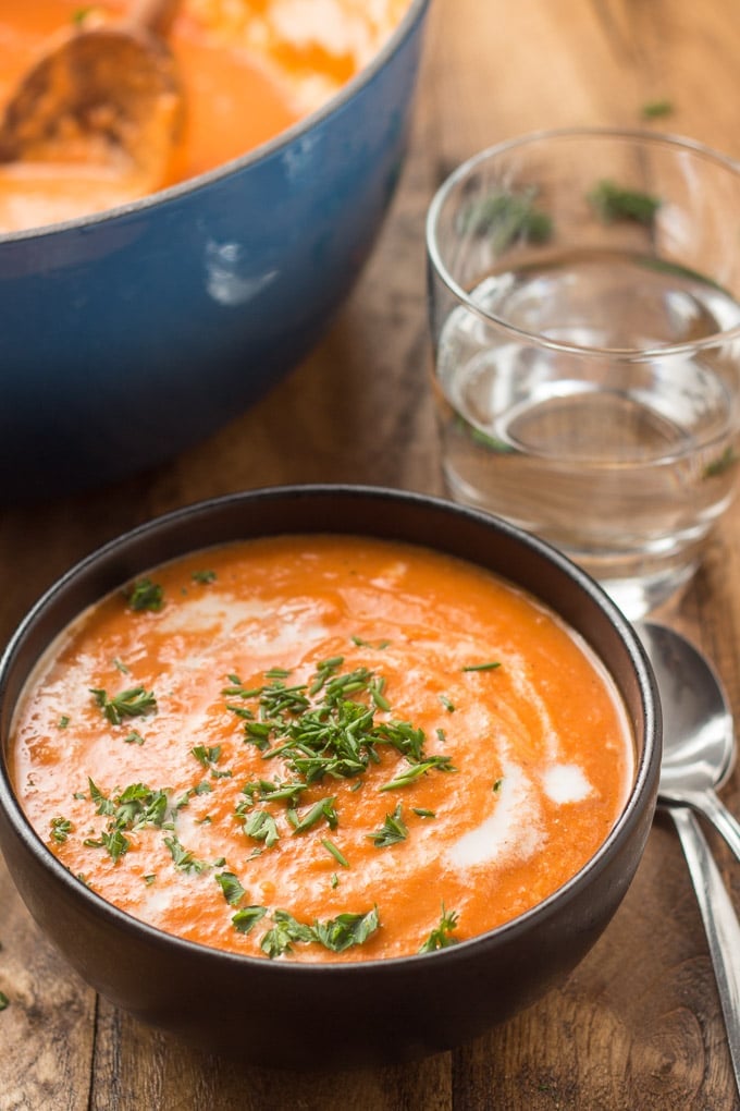 Bowl of Vegan Tomato Bisque Topped with Chives