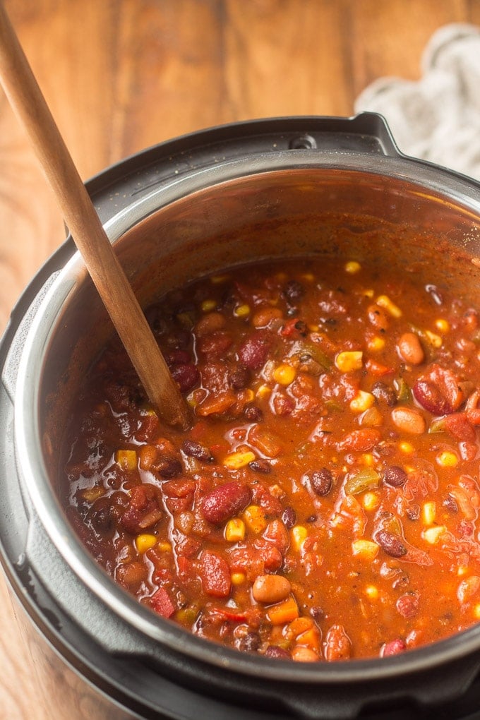 Vegan Chili In an Instant Pot with Wooden Spoon