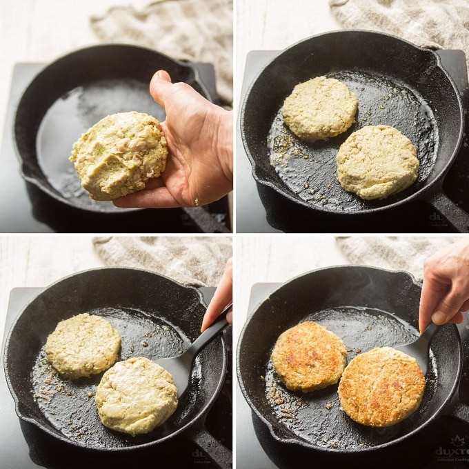Collage Showing 4 Stages of Cooking Pesto White Bean Burgers