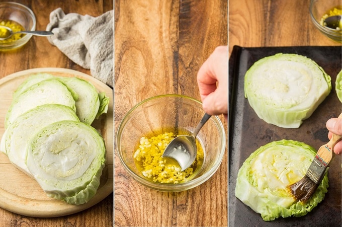 Collage Showing Steps for Making Cabbage Steaks: Slice Cabbage, Mix Oil and Garlic, and Brush Cabbage Slices with Oil