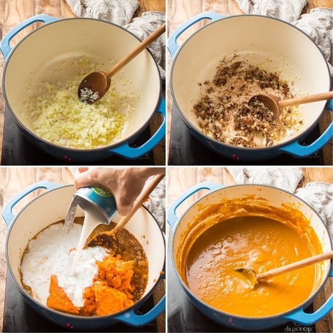 Collage Showing Steps for Making Vegan Pumpkin Soup: Cook Onions, Add Spices, Add Pumpkin, Broth, and Coconut Milk, and Simmer