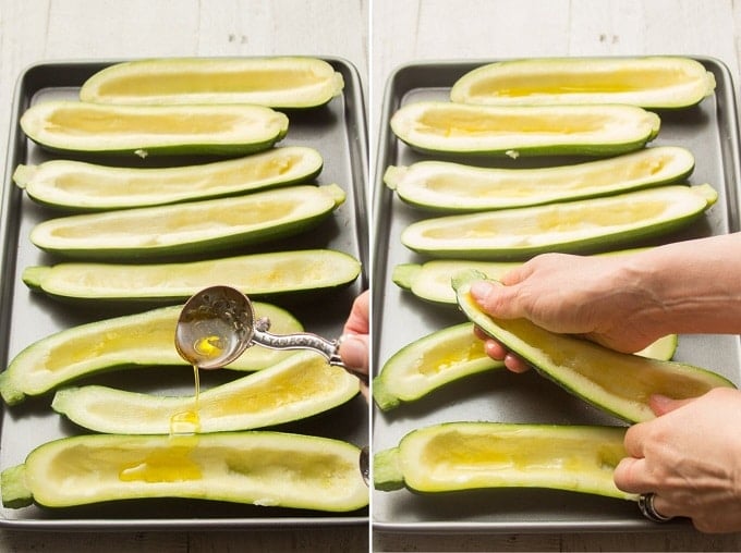 Side By Side Images Showing A Spoon Drizzling Olive Oil on Zucchini Halves, and Hand Rubbing the Oil in
