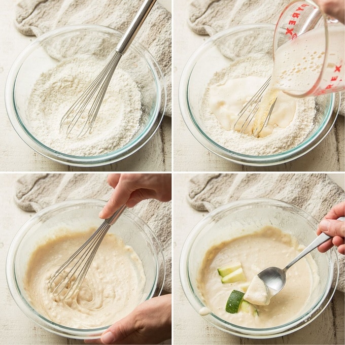 Collage Showing Four Steps For Battering Zucchini: Mix Wet Ingredients, Add Beer, Whisk, and Add Zucchini