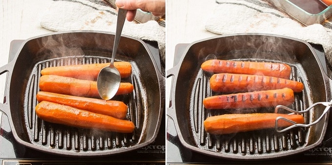 Side By Side Images Showing Two Stages of Grilling Carrot Dogs