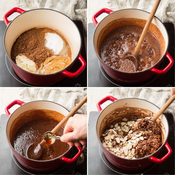 Collage Showing Steps for Making Vegan No-Bake Cookie Dough: Add Ingredients to Pot, Simmer, Add Vanilla, and Add Oats and Stir-Ins