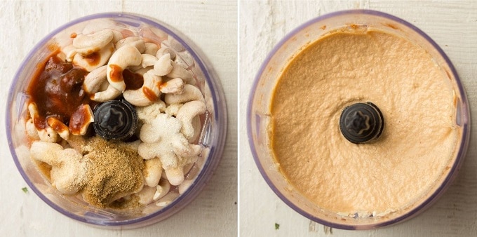 Side By Side Images Showing Chipotle Sauce in a Food Processor Bowl Before and After Blending