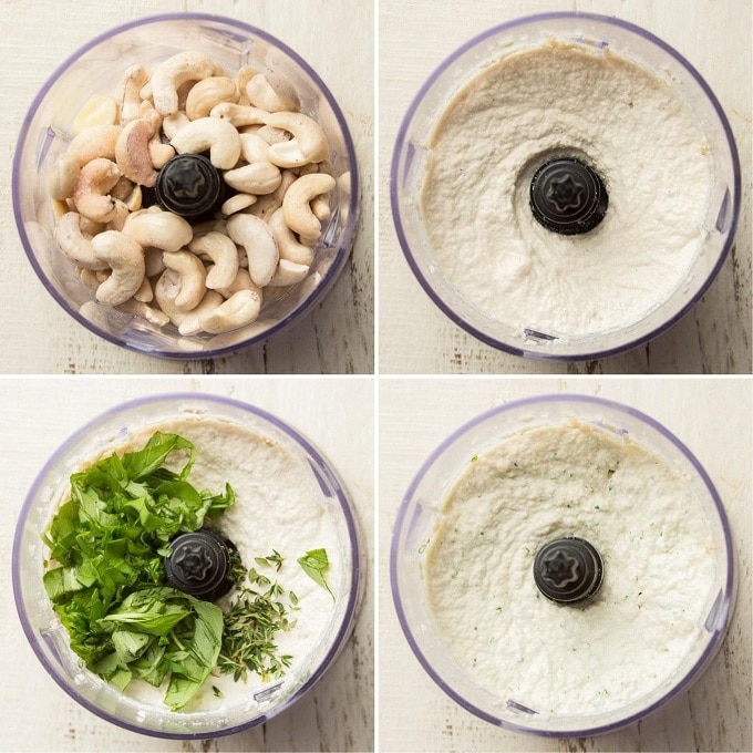 Collage Showing Four Stages of Making Cashew Cheese: Place Cashews in Food Processor, Blend, Add Herbs, and Blend To Chop Herbs