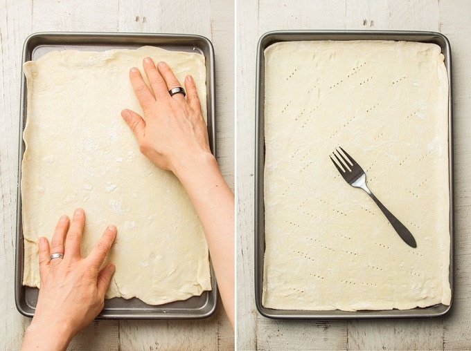 Side By Side Images Showing (1) Hands Arranging Puff Pastry on a Baking Sheet, and (2) Puff Pastry on Baking Sheet with Holes Poked in it and a Fork on Top