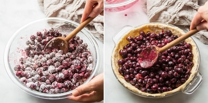Steps 1 and 2 for Assembling Vegan Blueberry Pie: Mix Filling and Place Filling into Crust