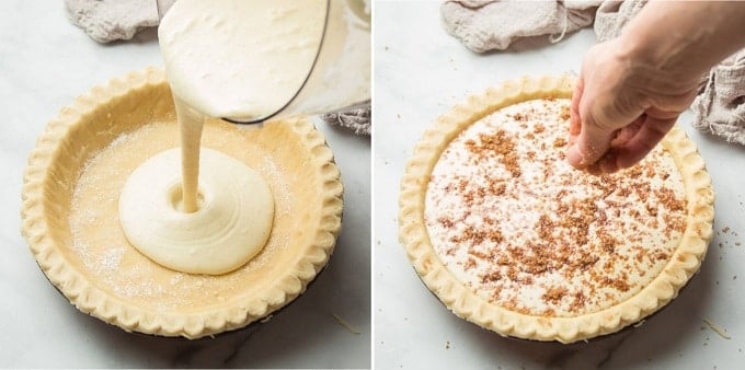 Two Images Showing Steps for Assembling a Vegan Custard Pie: Pour Filling into Crust, and Sprinkle with Brown Sugar