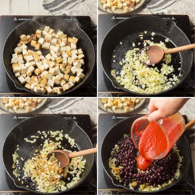 Collage Showing Steps 1-4 for Making Vegan Burrito Bowls: Brown Tofu, Brown Onion, Add Garlic and Spices, and Add Black Beans and Sauces