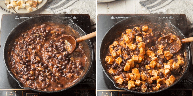 Side By Side Images Showing Steps 5 and 6 for Making Vegan Burrito Bowls: Simmer and Add Tofu
