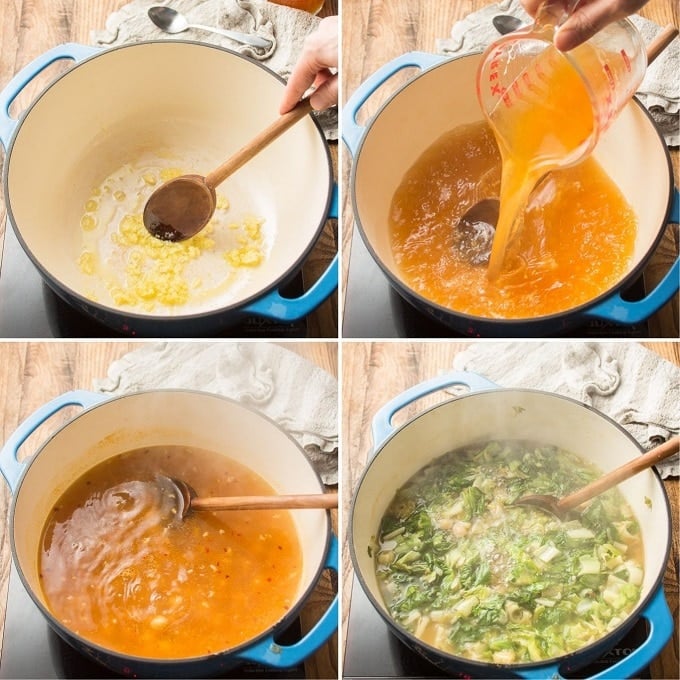 Collage Showing Steps for Making Escarole Soup: Cook Garlic, Add Broth, Chickpeas and Pasta, Simmer, And Add Escarole