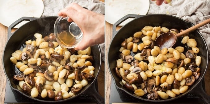 Side By Side Images Showing Final Two Steps for Making Fried Gnocchi: Add Mushrooms and Sherry, and Cook for 3 Minutes