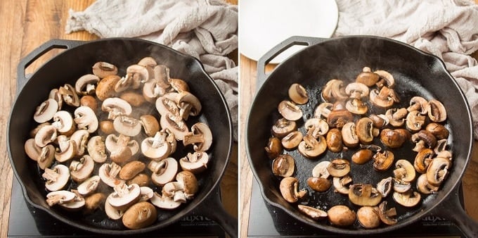 Side By Side Images Showing Two Stages of Mushrooms Cooking in a Skillet