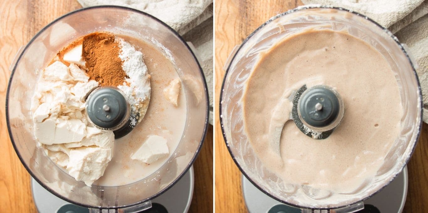 Side By Side Images Showing Ingredients for Vegan Pecan Pie Filling in a Food Processor Bowl Before and After Blending