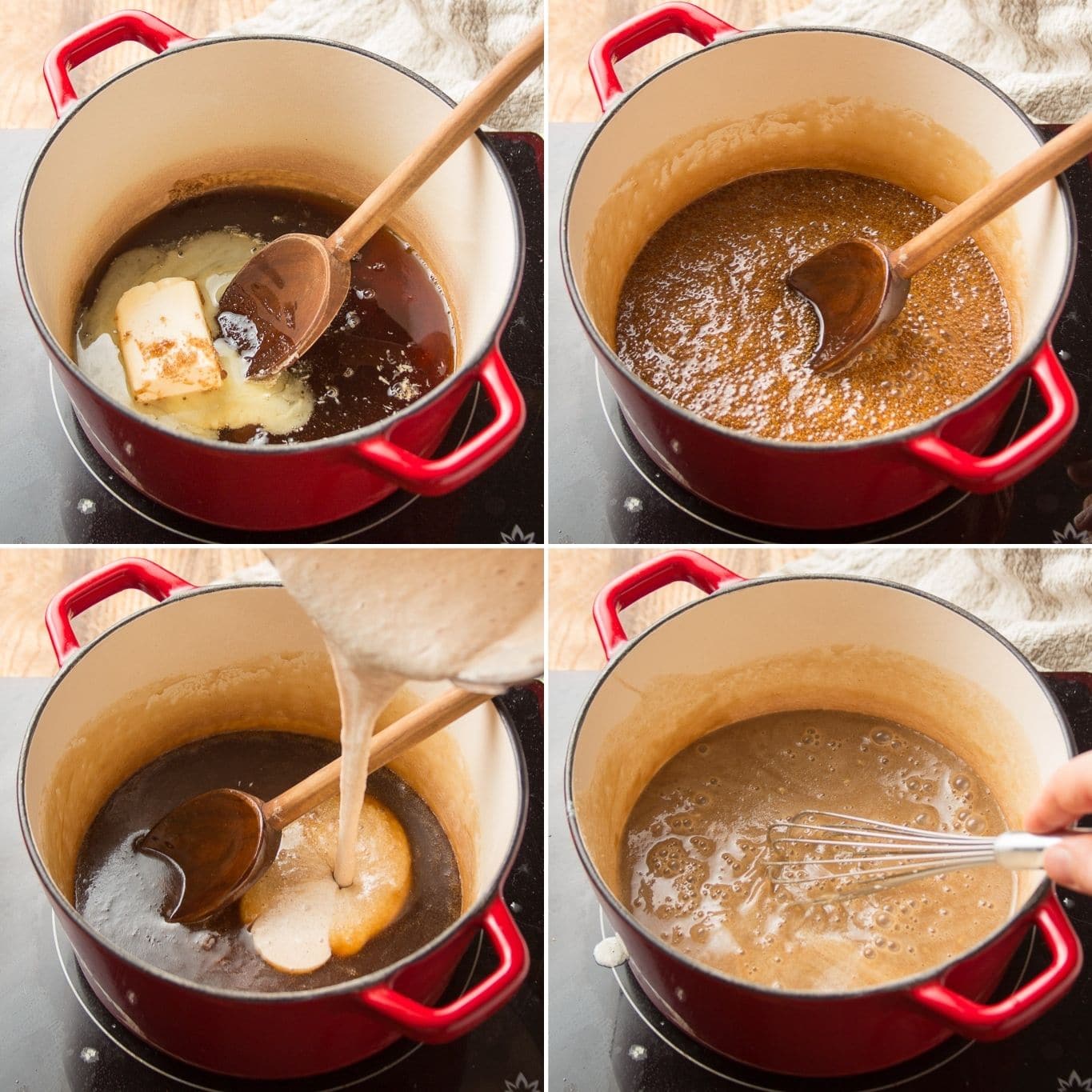 Collage Showing 4 Stages of Cooking Vegan Pecan Pie Filling: Place Ingredients in Pot, Simmer, Add Blended Ingredients, and Simmer Again