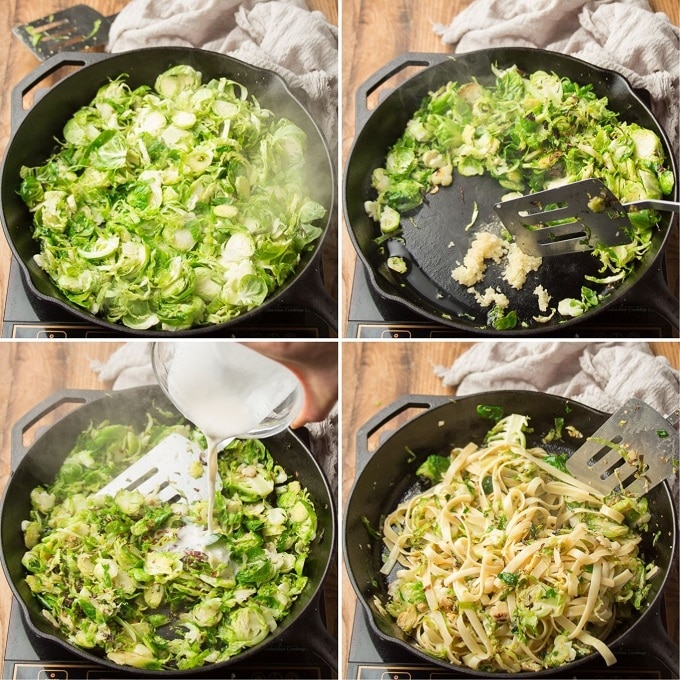 Collage Showing Steps for Making Brussels Sprout Pasta: Sauté Brussels Sprouts, Add Garlic, Add Coconut Milk and Lemon Juice, and Add Pasta