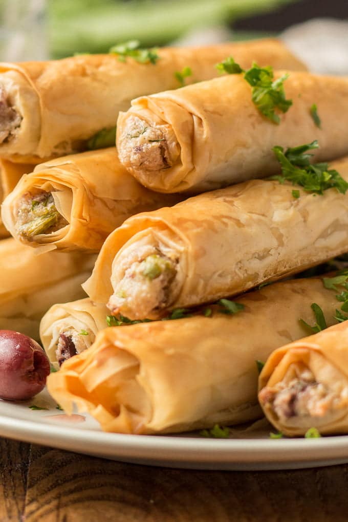Close Up of Phyllo Cigars Showing Cashew Cheese Filling