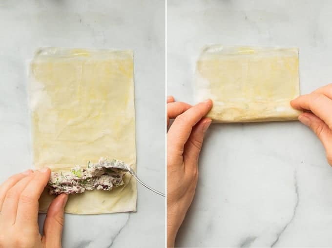 Collage Showing 2 Steps of Filling Phyllo Cigars: Spoon Filling on Phyllo, and Roll