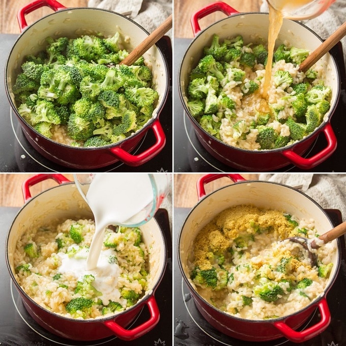 Collage Showing Final 4 Steps For Making Vegan Broccoli Cheese Risotto: Add Broccoli, Add Broth, Add Coconut Milk, and Add Nutritional Yeast and Miso