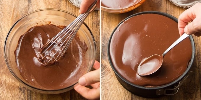 Collage Showing Final Steps for Making a Vegan Chocolate Cheesecake: Mix Ganache and Spread Over Cheesecake