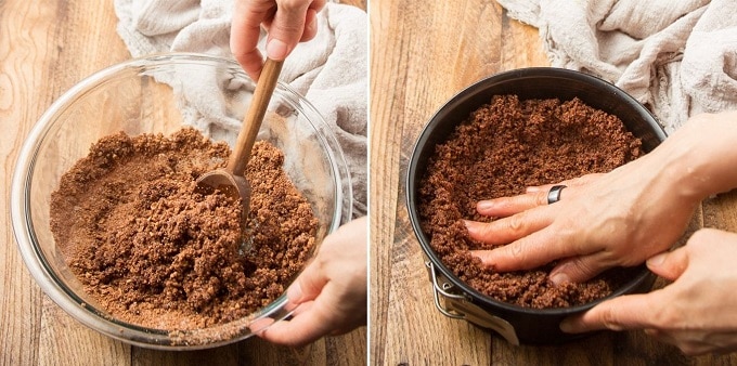 Collage Showing Steps for Making a Vegan Chocolate Graham Cracker Crust: Mix Ingredients and Press into Pan